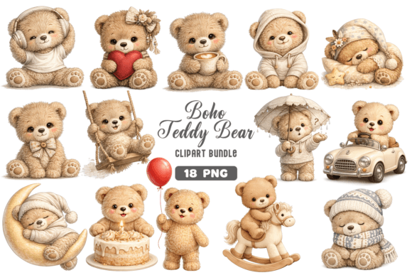 Boho Teddy Bear Baby Clipart Bundle
